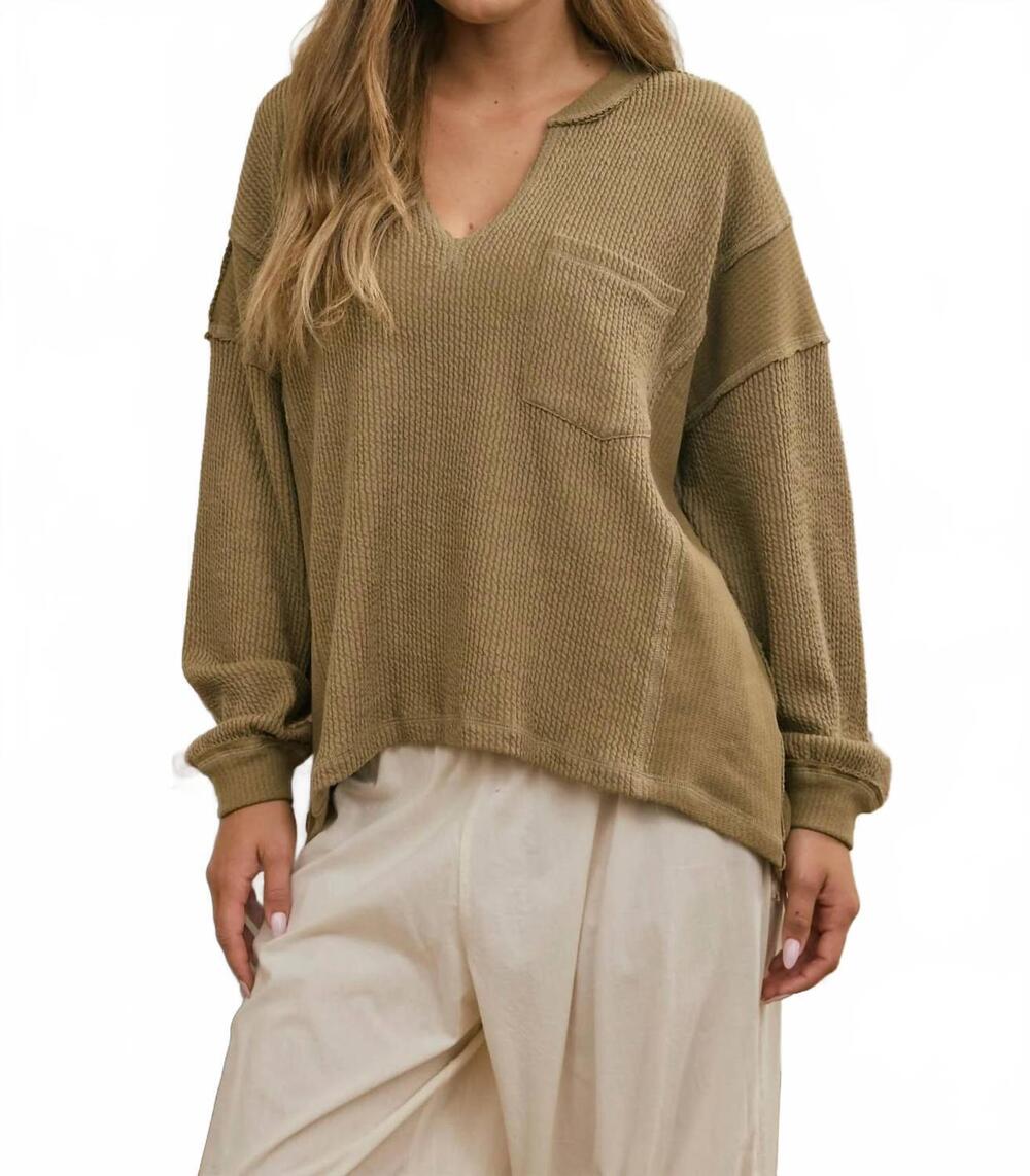 NEW JOA split neck raw edge ribbed knit top in olive